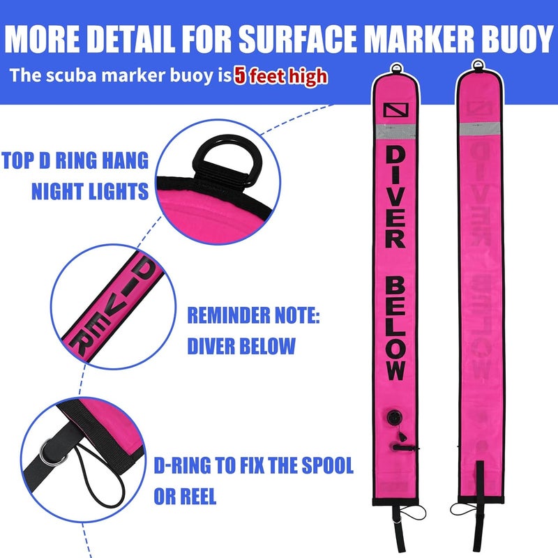 JUSTOOP Store 5ft Surface Marker Buoy Set, Inflatable Scuba Signal Tube with Reflective Strip, Scuba Diving Open Bottom Float (SMB) for Underwater Diving Snorkeling with 100ft Diving Spool Reel and Clip - Image 5
